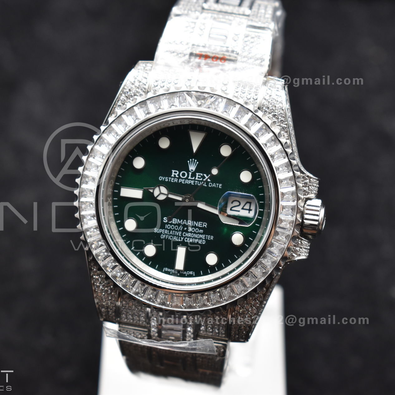 Submariner 40mm Full Diamonds SS AMGF Best Edition Green Dial on Bracelet on VR3135